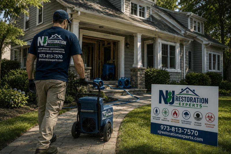 NJ Restoration Experts technician with equipment outside a New Jersey home