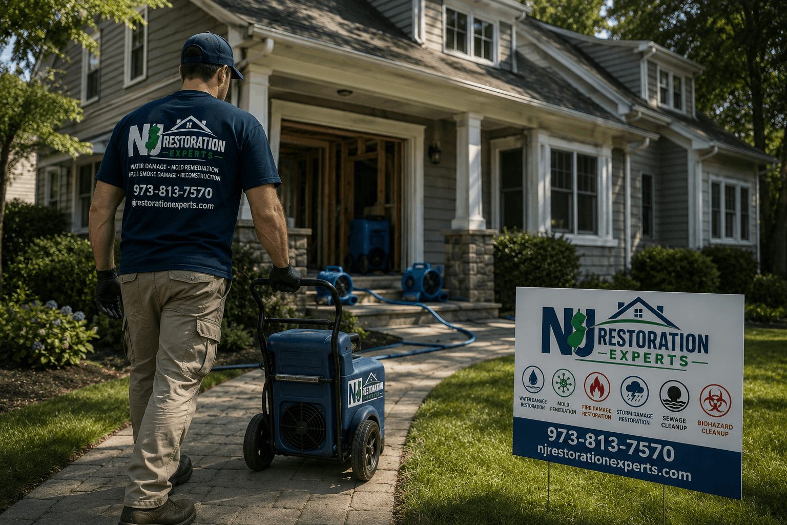NJ Restoration Experts technician with equipment outside a New Jersey home