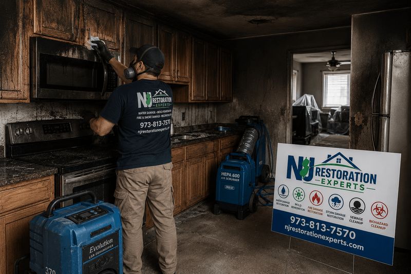 NJ Restoration Experts technician cleaning fire and smoke damage in a kitchen