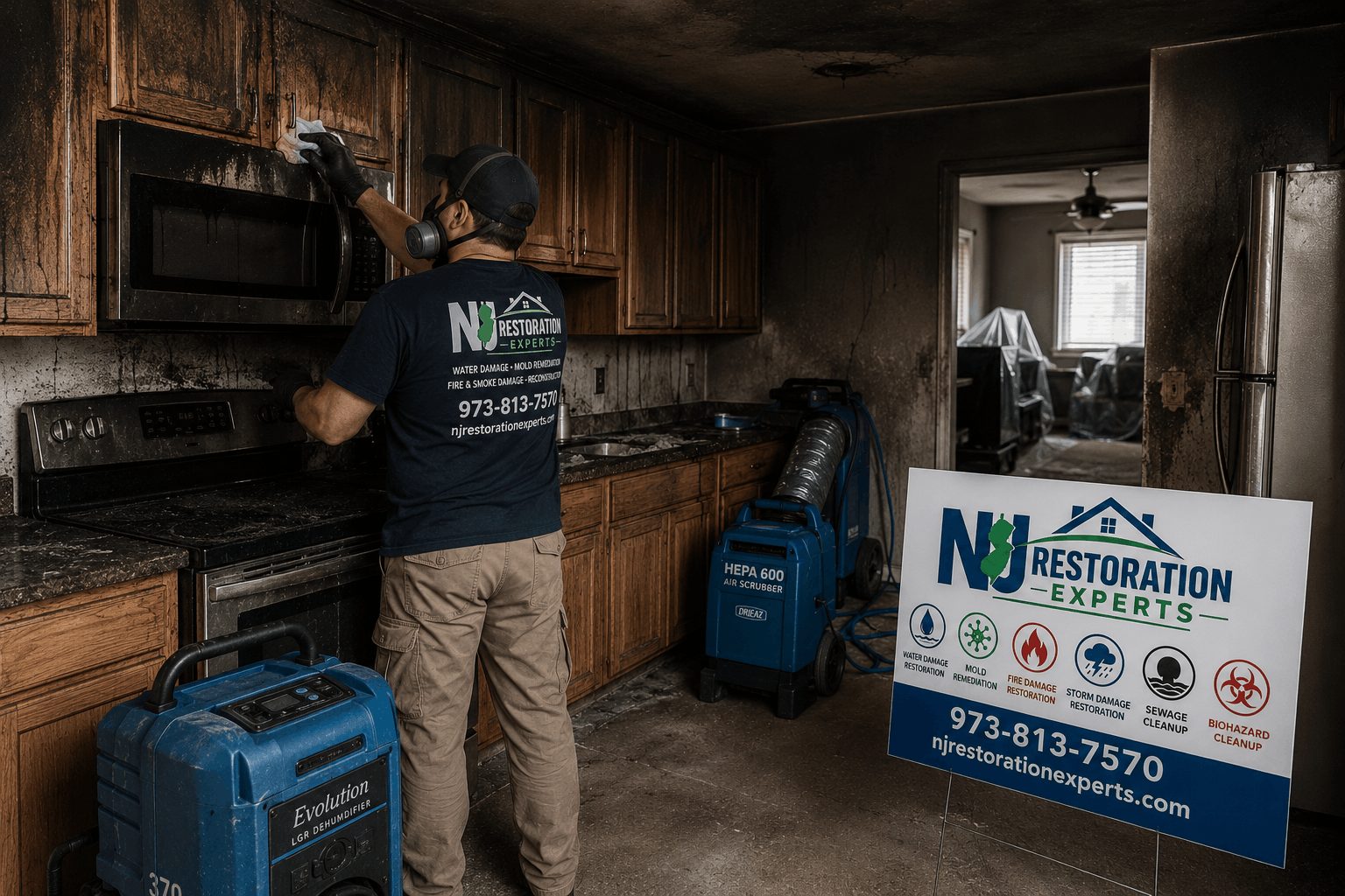 NJ Restoration Experts technician cleaning fire and smoke damage in a kitchen