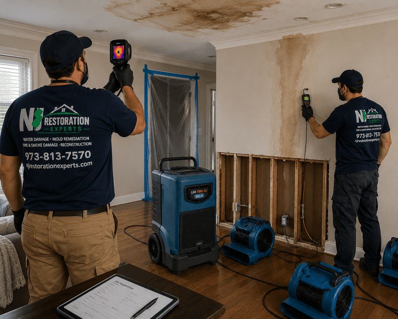 NJ Restoration Experts technicians inspecting water damage with thermal imaging