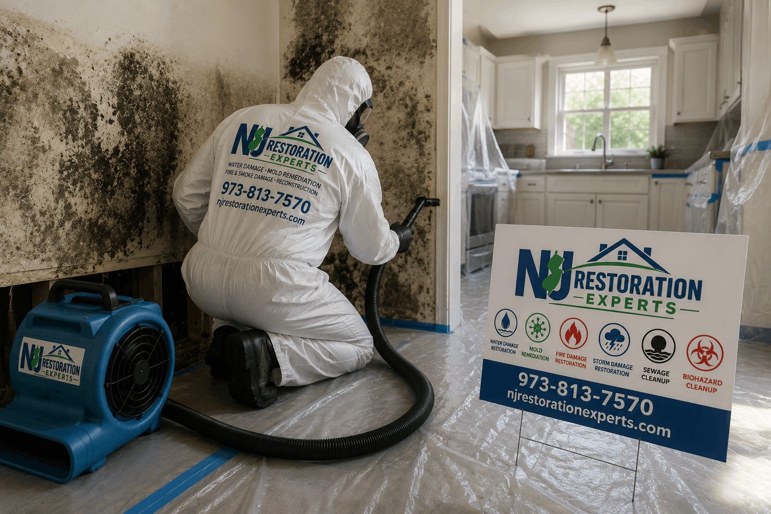 NJ Restoration Experts technician in protective gear removing mold