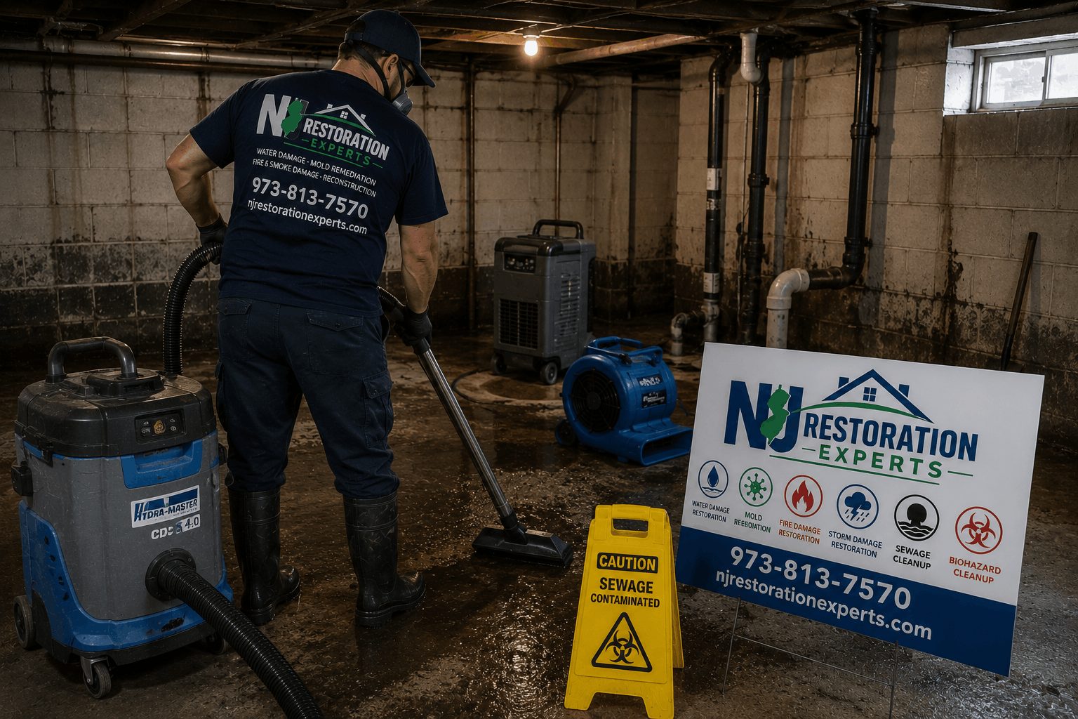 NJ Restoration Experts technician performing sewage cleanup in a basement