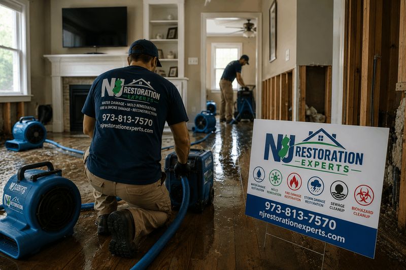 NJ Restoration Experts crew drying a water-damaged living room